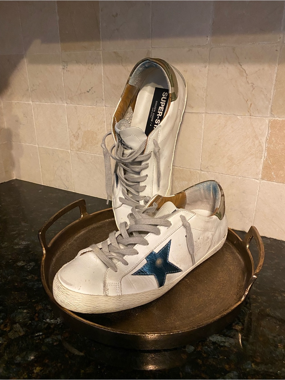 Golden Goose Men’s Super Star - Blue Star and Camo Heel EUC